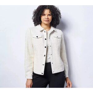 Dennis Basso Mixed Media Faux Leather & Tweed Jacket Ivory Reg 4 A479314